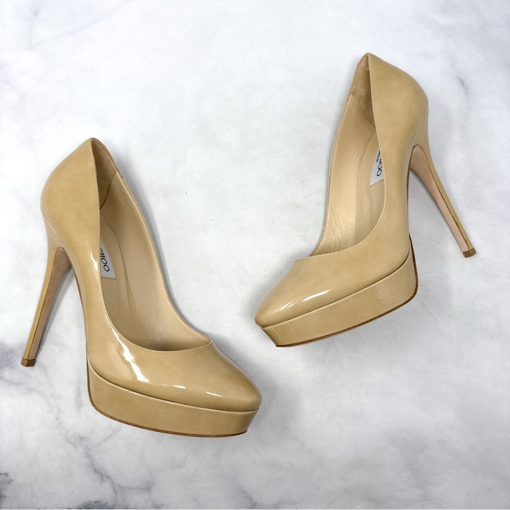 NEW Jimmy Choo Cosmic Patent Leather Platform Stiletto Heel Pumps Nude Sexy 39 - Picture 4 of 16
